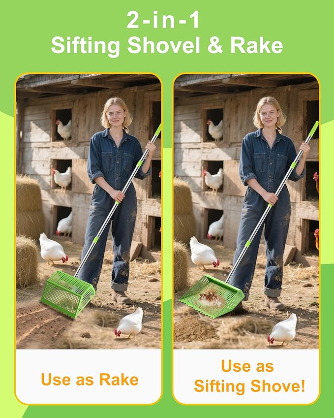 Chicken Poop Scooper & Rake 2-in-1,10 inches Metal Coop Shovel Sand Sifting Shovel with 35" to 62" Adjustable Handle,Cleaning Tools Scoop for Chicken Coops & Farm Animals