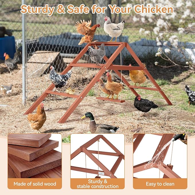 PETSFIT Wooden Chicken Perch & Roosting Bars for 10-12 Chickens– 3-Layers Design with Swing, Durable Fir Solid Wood for Outdoor Coops, Easy Assembly & Cleaning, Promotes Healthy & Happy Chickens