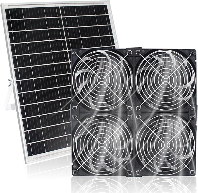20W Solar Powered Exhaust Fan Kit with Solar Panel & 4-Pack High-Speed Brushless DC Fans, 2600RPM 9.8ft Cord, Waterproof for Greenhouses, Attic,Shed,Barn,Dog House