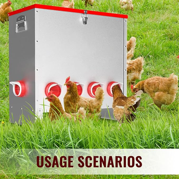 85lbs Automatic Chicken Feeder Large Capacity, 10-Port Galvanized Metal Poultry Feeder for Chickens Geese Ducks (Silver)