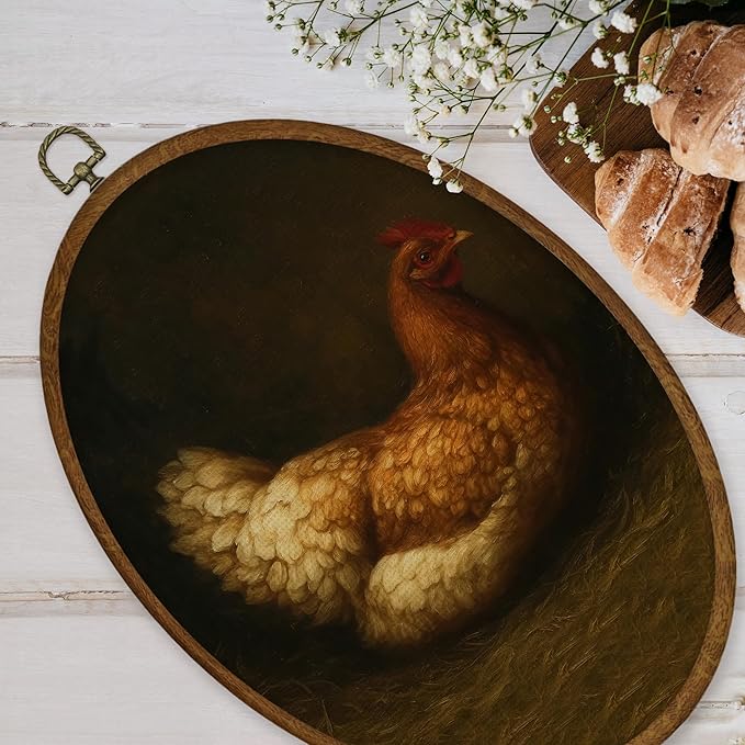 WULQYING Vintage Farmhouse Chicken Wall Art Decor, Rustic Chicken Oval Framed Canvas Art Prints, Moody Cottagecore Farm Animal Wall Hanging Decor for Home Bedroom Living Room, 8.6x11.4 Inches