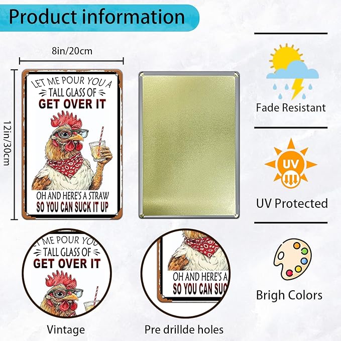 Vintage Chicken Let Me Pour You A Tall Glass Of Get Over It Aluminum Metal Tin Sign 12x8 Inch Home Kitchen Garden Wall Decor