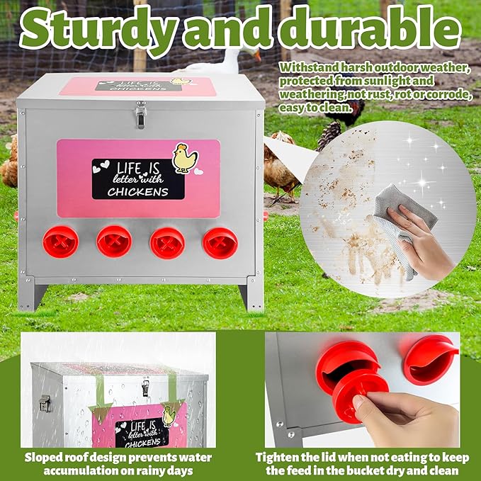 85-120LB Large Automatic Chicken Feeder Galvanized Metal Chicken Feeders with 10 Feeding Ports No Waste Outdoor Poultry Feeder with Handle and Locking Lid for Chickens and Ducks