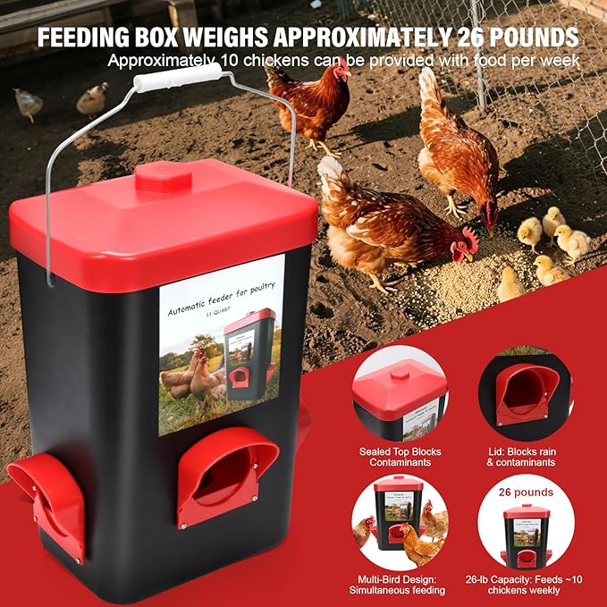 3 Gallon & 26lbs Automatic Chicken Feeder and Waterer Set, Hanging No-Waste Poultry Feeder with 4 Nipple Drinkers, Chicken Coop Supplies for Hens Feeding Equipment for Backyard Farm