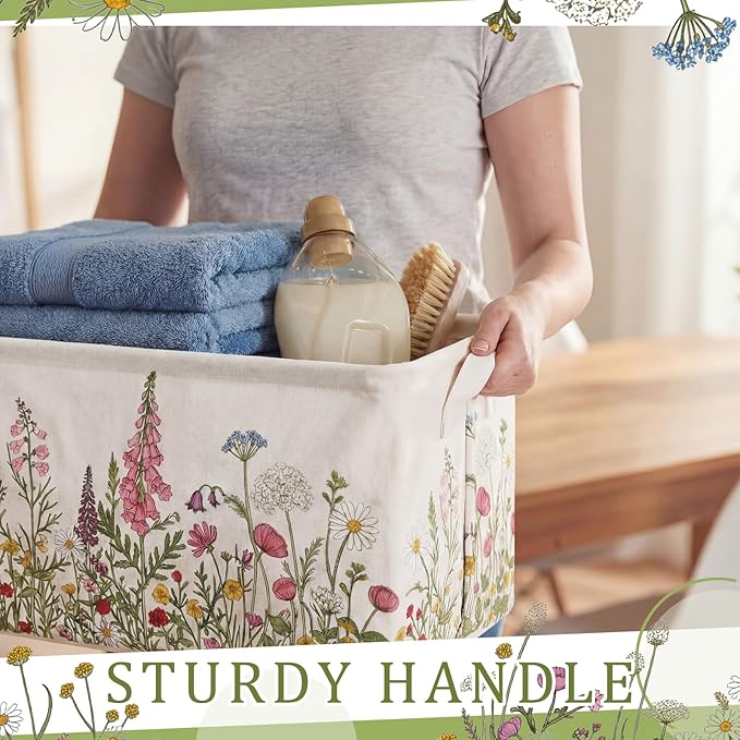 CHENGU 6 Pack Spring Floral Storage Bins Collapsible Wildflower Baskets with Handles Large Multicolored Flower Basket Farmhouse Foldable Organizers Rustic Home Decor for Bedroom Office Home