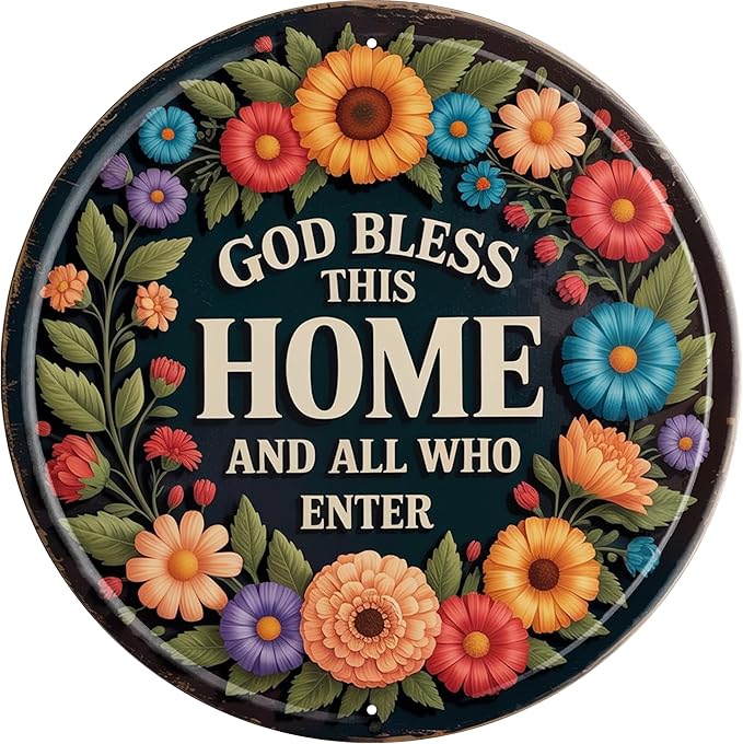 AWISZZZ God Bless This Home Metal Sign 8x8in Round Faith Plaque for Front Door Wall Decor Christian Gift