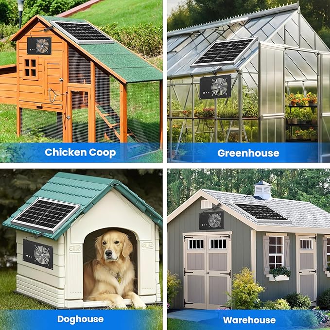 Solar Fan with Battery 15000 mAh and Timer - 25W Powered Exhaust Fan High Wind Speed Rainproof for Outdoor Greenhouse, Chicken Coop, Doghouses, Shed, Vent, Windows