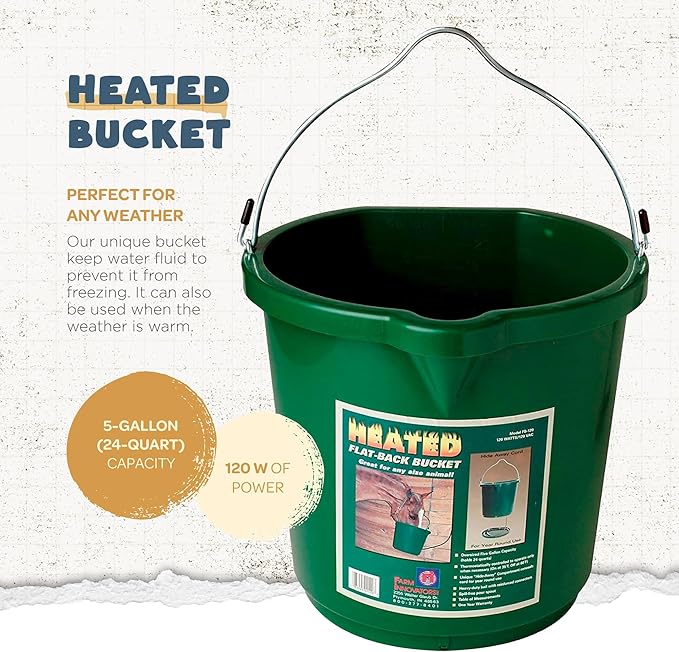 Farm Innovators 4 Pack Heated Water Bucket, 120W Heating Power - Flat Back 5 Gallon Plastic Bucket with Cord Storage for Livestock Watering & Feeding