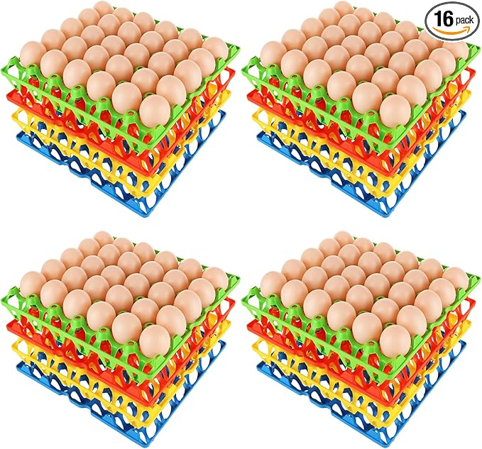 16 PCS Plastic Egg Tray 30 Cell Egg Flats Crates Stackable Egg Cartons Reusable Carton, Hold Multiple Eggs, Great for Storing, Sorting and Shipping Eggs, 4 Colors