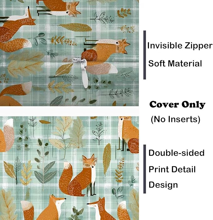 Fox Plaid Farmhouse Throw Pillow Covers 18x18 Inch, Set of 2 | Woodland Cottagecore Square Cushion Cases for Couch Bedroom Nursery | Farmhouse Forest Animal Home Decorative Pillowcases
