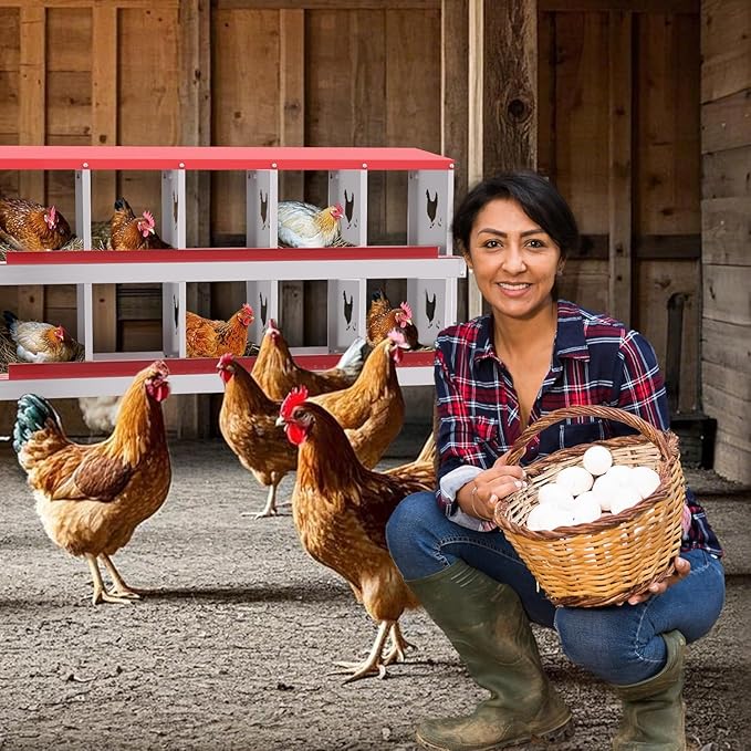 Metal Chicken Nesting Boxes, Heavy-Duty Galvanized Steel Egg Laying Box with 10 Compartments, Rustproof, Easy to Install & Clean, Wall-Mountable Design for Poultry Coops- Red Without Stand