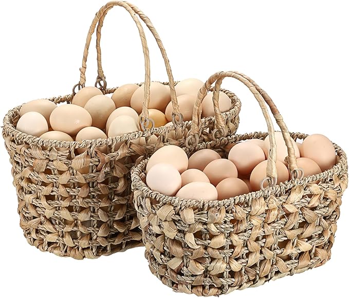 2 Pcs Eggs Collecting Baskets, Handmade Water Hyacinth Storage Basket for Gathering Fresh Eggs, Egg Holder with Handle for Harvest Farmhouse and Kitchen Use Seagrass Basket for Chicken-Egg