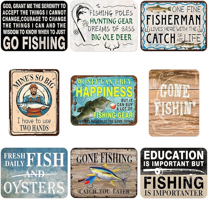 WERNNSAI Fishing Party Decorations - 9 PCS Gone Fishing Birthday Party Decorations for Boys - Fisherman Fish Theme - Vintage Wall Decor for Home Garden Yard