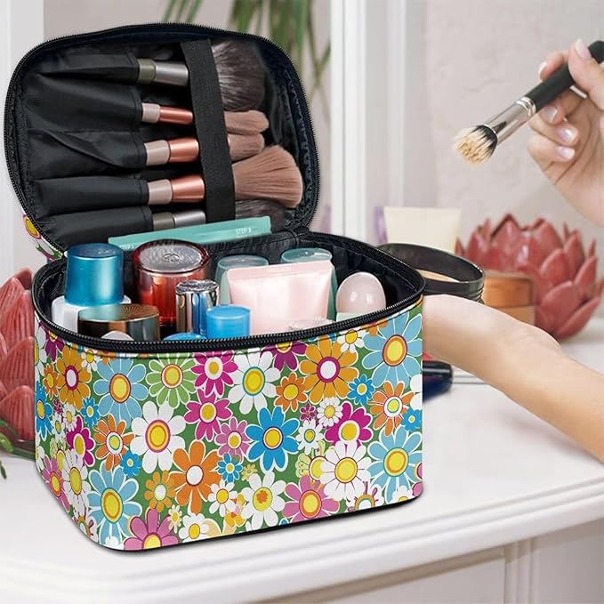 Retro 70S Colorful Hippie Flower Print Travel Makeup Bags for Women Portable Tote Cosmetic Case with Carry Handle Toiletry Accessories Storage Organizer Bags