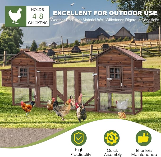 Wooden Chicken Coop Large Walk-in Outdoor Hen House with Nesting Box and Run, Poultry Cage Rabbit Hutch Waterproof UV Panel Cover for 4-8 Chickens Brown 159'' #CO48