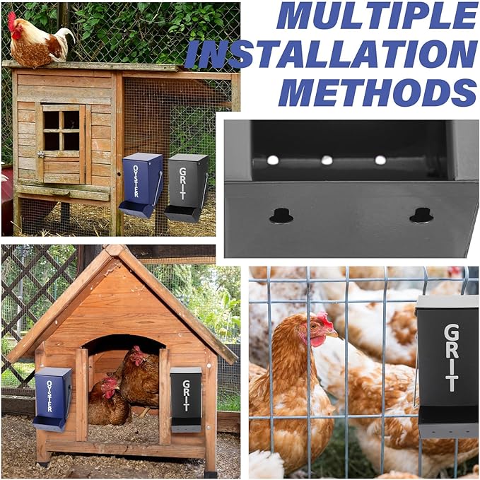 Zonon 2 Pcs Chicken Grit Feeder Metal Automatic Oyster Shell Feeder with Lid Hanging Gravity Poultry Chicken Coop Accessories for Hens Chicks Cages Wall Pillar, Navy Blue and Grey