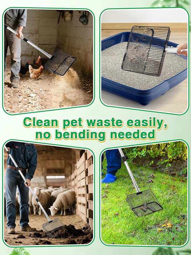 10'' Wide Chicken Poop Scooper - Adjustable 36''-76'' Long Handle, Heavy Duty Litter Sifting Scoop Shovel Chicken Coop Accessories for Efficient Cleaning Protect Back