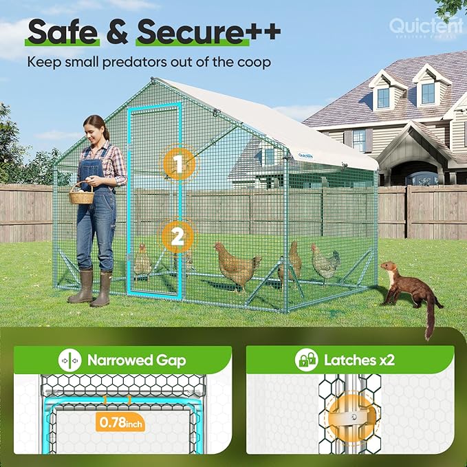 Quictent Large Metal Chicken Coop Run for 10+ Poultry with Side Hardware Cloth & Waterproof Cover, Advanced Series Outdoor Walk-in Cage Hen Duck Rabbit Dog Pen Yard Farm House, 6.6x9x6.6FT