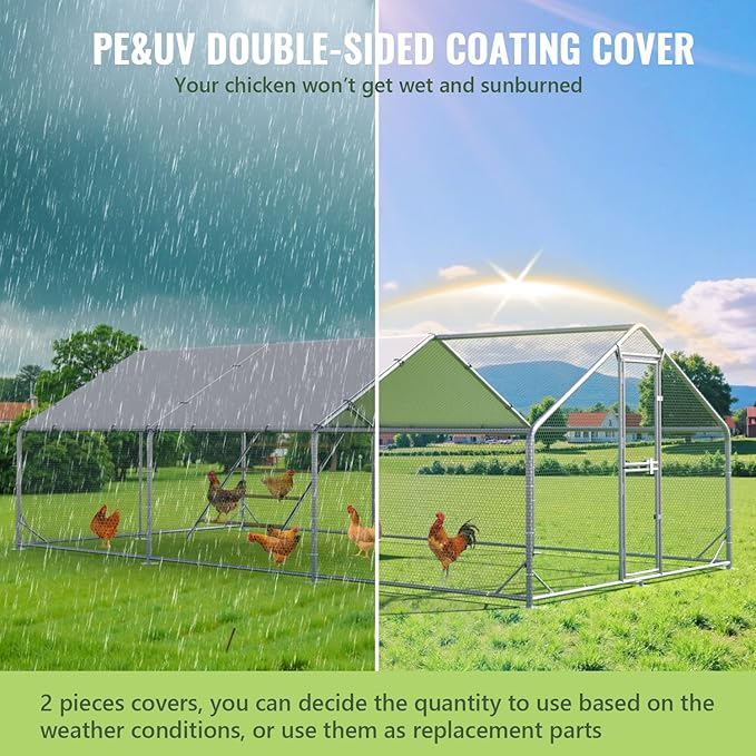 Large Metal Chicken Coop, 10x20x6.5FT Chicken Runs for Yard with Cover and Roosting Perch, Split Doors Walk in Chicken Coop