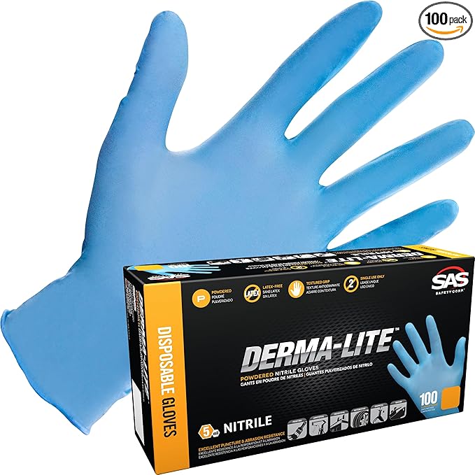 Derma-Lite Powdered Nitrile Disposable Gloves - Medium. 5 Mil Thickness. Chemical and Puncture Resistant. Lightly Textured. Non-Latex. Single-Use Only (6607)