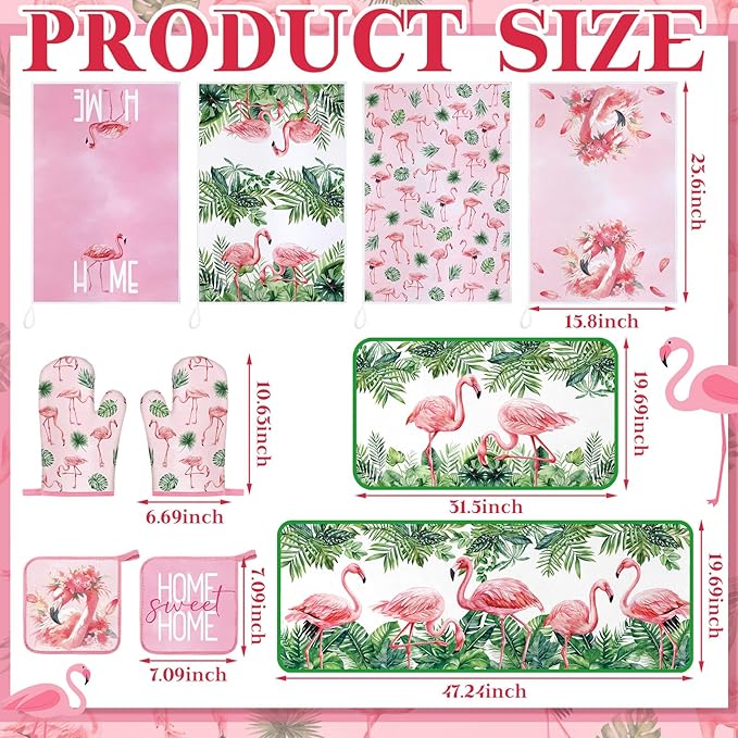 10 Pcs Flamingo Kitchen Dish Towels Rugs Oven Mitts and Pot Holders Set Farmhouse Kitchen Decor Set for Women Mom Daughter Gift Cooking Baking Grilling(Cute Pink)
