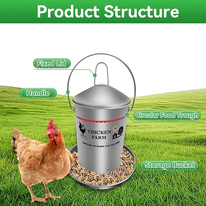 6.6 Lb Stainless Steel Poultry Feeder, Automatic Chicken Feeder No Waste, Hanging Chicken Feeder Heavy Duty Reliable Long-Lasting with Handle, Top Filled