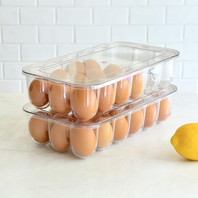 Youngever 2 Pack Stackable Plastic Egg Holders, Clear Fridge Organizer with Lids, 2 Sets 18 Eggs Trays