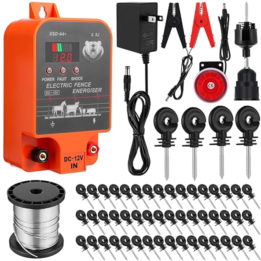 2.5j Electric Fence Charger with Digital Display & Alarm, Ac Dc 2 in 1 Power, 12v Input 8kv/12kv Output, 50 Black Electric Fence Insulator, 1 Socket Tool, 250ft Aluminum Wire Animal Control