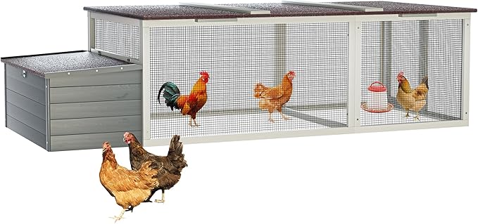 Large Wooden Chicken Coop,Outdoor Hen House with Nesting Box and Weatherproof Asphalt Roof,Walk-in Poultry Cage W/Secure Locks,Metal Mesh Run for Backyard Farm Use,Easy Assemble,Gray