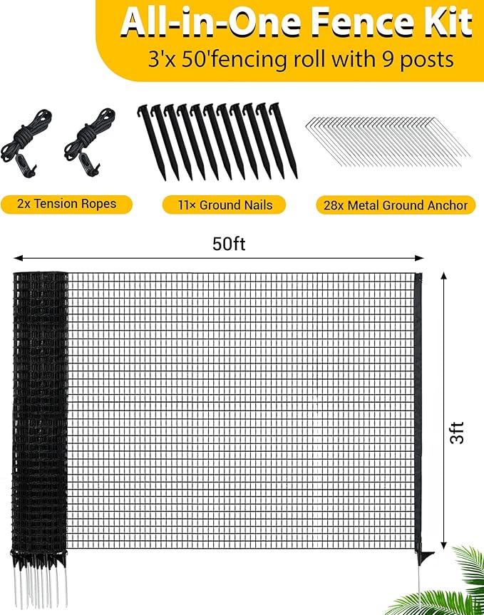 Temporary Fence with Posts, 3'x50' Plastic Fencing Garden Fence Animals Barrier with Fiberglass Stake Windbreak Rope, Portable Snow Fences, Fencing for Dogs Outdoors Backyard (Black)