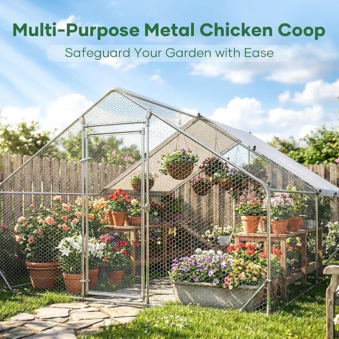 Large Chicken Coop Metal Chicken Runs for Yard 20x10x6.5 ft Chicken Coop with Cover Gallinero para Gallinas Heavy Duty Chicken Cage Rabbit Duck Quail Coop Lockable Door with Waterproof Anti-UV Cover