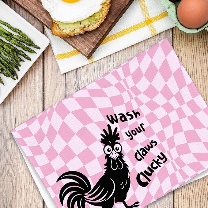 Pink Funny Chicken Rooster Bathroom Kitchen Towels, Wash Your Claws Hand Towel for Girly Room, Farmhouse Cock Gifts for Farmer, Trendy Preppy Checkered Dish Towels Decor for Dorm Home 16x24in