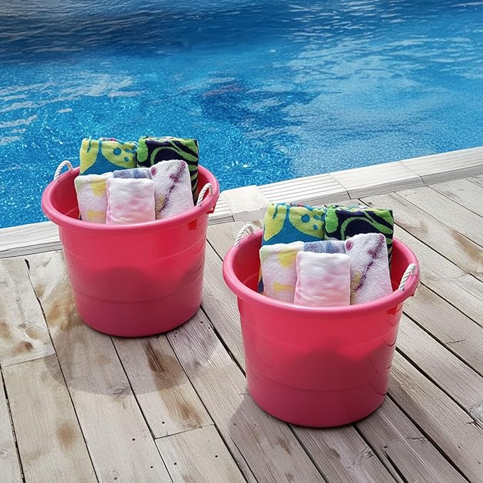 HOMZ 2-Pack Utility Tub, Large Plastic Storage Bucket with Rope Handles, 18 Gallon, Pink - Portable Indoor and Outdoor Buckets for Kitchen, Laundry, Garden, Bathroom, and Garage Organization