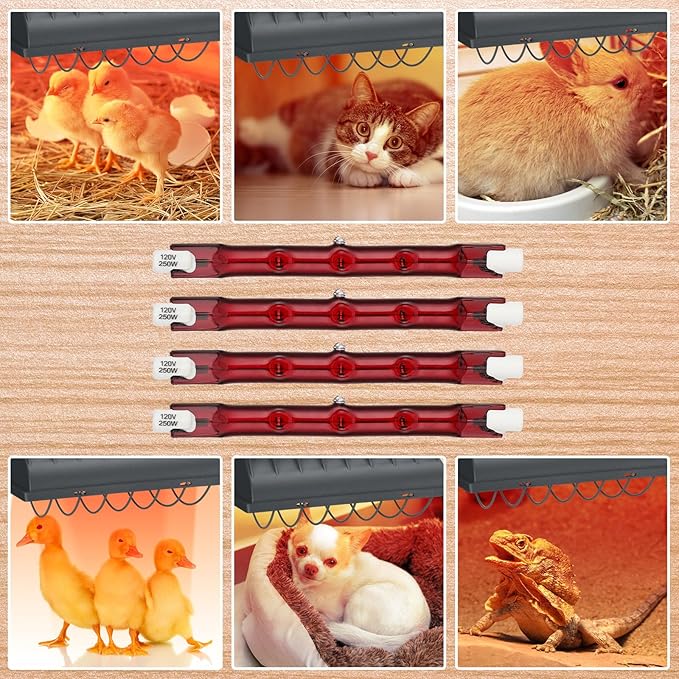 4 Pcs 250w Chicken Coop Heat Lamp Replacement Light Bar Chicken Brooder Heat Lamp Replacement for Chicken Livestock Dogs Sheep Pets Brooder Heater, 4.65 x 0.39 Inch, Heat Lamp Not Included
