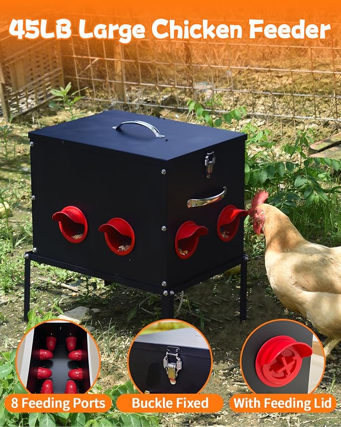 Automatic Chicken Feeder –50 lbs 8 Feeding Ports,Large Metal Chicken Feeders - No Waste Poultry Feeder with Locking Lid and Legs for Inside Coops