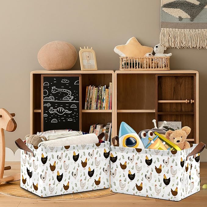 Roosters Chicken Storage Basket with Handles,Fern Plants Collapsible Rectangle Organizer Bin for Room Decoration Books Box Baskets 17x11.5x10Inch