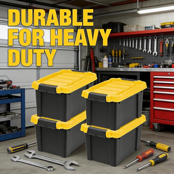5 Gallon Black Plastic Storage Bins with Lids 4-Pack, Heavy Duty Stackable Totes, Garage Tool Basement Organizer with Locking Lids