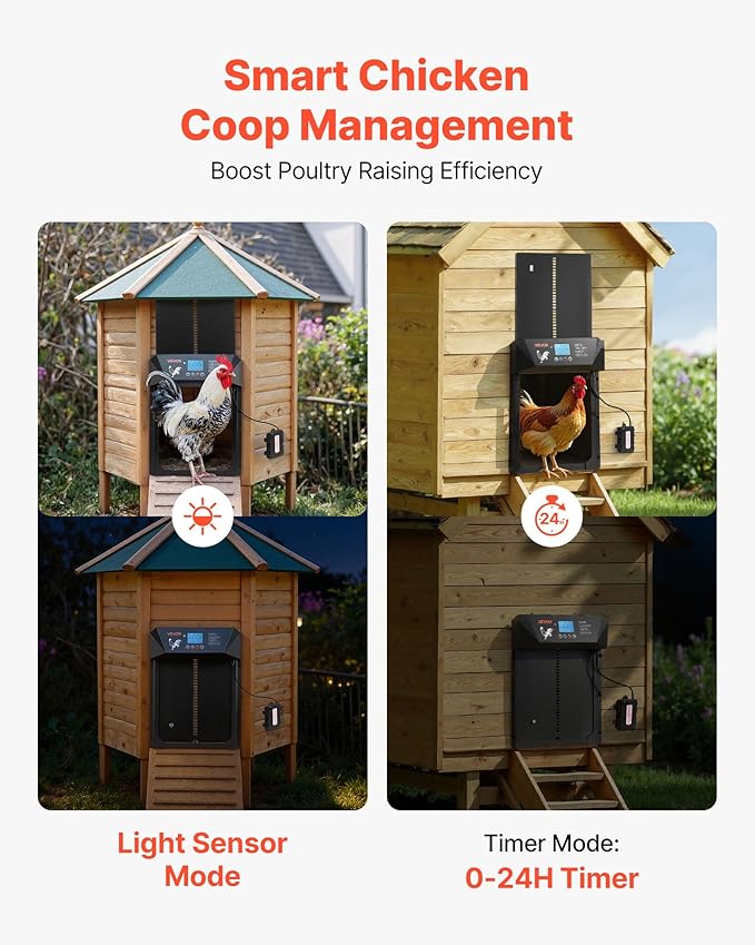 VEVOR Automatic Chicken Coop Door, DC & Battery Powered Chicken Door with LCD Display, Light Sensor, Timer & Manual Setting, Anti-Pinch Security, Durable Aluminum Alloy, Chick Run Gate Opener for Farm