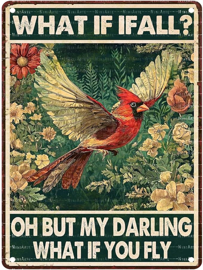 Red Bird Vintage Tin Sign What If I Fall Metal Tin Sign for Home Bedroom 12X16Inch