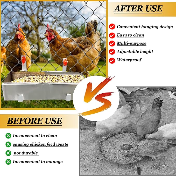 2 Pack Multifunctional Chicken Feeder, Hanging Chicken Feed Trough, Stainless Steel Trough, Chicken Feeder and Waterer Set, for Poultry Livestock. (40 * 11 * 4.5cm)