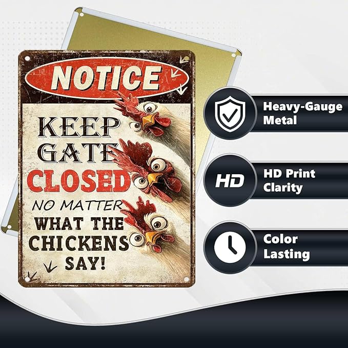 Funny Chicken Metal Sign Chicken Coop Metal Decor Keep Gate Closed Tin Signs Vintage Poster Wall Decor For Home Farmhouse Farm Poultry House Yard Fence Kitchen Outdoor 16 * 12 In