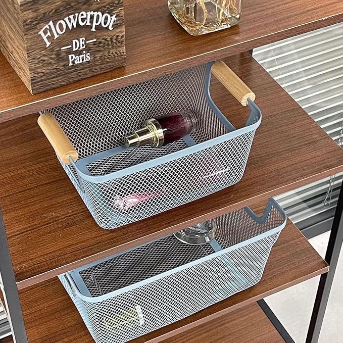 Metal Mesh Steel Basket, Large Wire Storage Organizer Basket Multi-function Hanging Kitchen Baskets with Wood Handle for Kitchen Bathroom Picnic Home, Rectangle-Blue