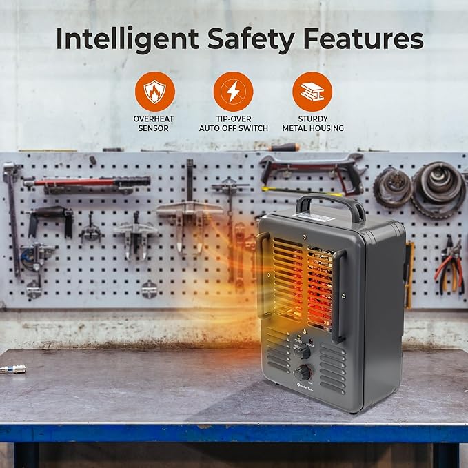 Comfort Zone Milkhouse Style Utility Space Heater with Adjustable Thermostat, Electric, Portable, 3-Prong Plug, Overheat Protection, & Tip-Over Switch, Ideal for Garage or Workshop, 1,500W, CZ798GR3