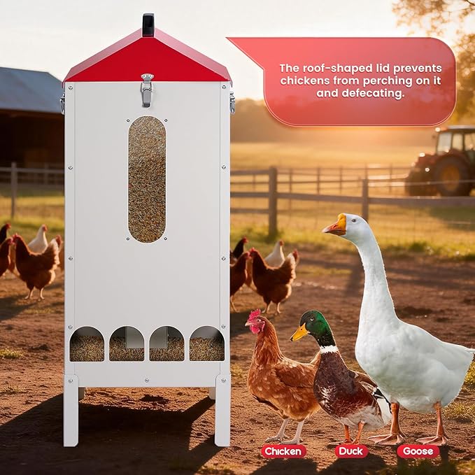 70-85lbs Automatic Chicken Feeder No Waste Gravity Poultry Feeder with 16 Ports and Visible Feed-Level, Chicken Food Dispenser for Duck, Goose, Turkey