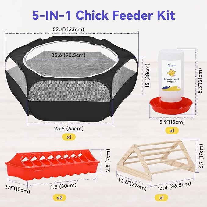 Pawaboo 5-in-1 Chicken Brooder Box for Chick Starter Kit, Includes Pet Cage Tent, Chicks Perch, Chicks Feeder, 1.1L Chick Waterer, Chicken Supplies (Brooder Set), Black