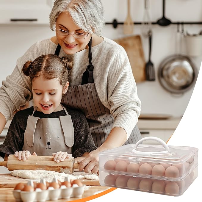 2-Layer Egg Holder for 48 Eggs,Plastic Egg Container with Handle,Deviled Egg Tray with Handle Lid,Devil Egg Holder for Refrigerator,Kitchen,Easter Day Party Containers