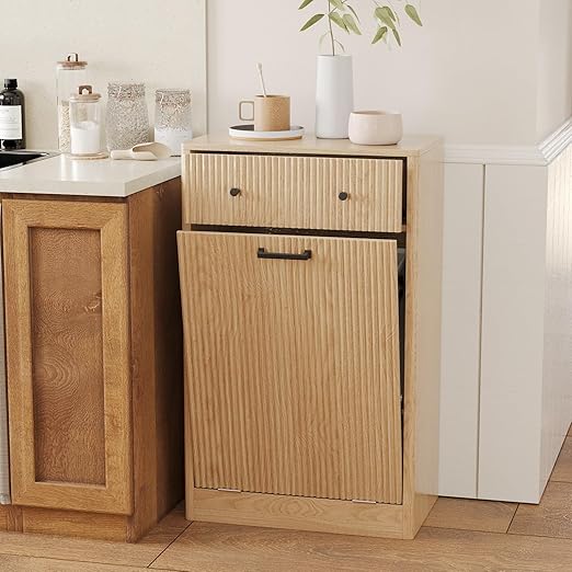 Single 10 Gallon Wood Grain Tilt-Down Trash Can Cabinet with Storage Drawer,Wood Grooved Recycling Cabinet with Wave Texture Hidden Pull-Out Trash Can for Kitchen,Bathroom (Trash Can Cabinet-Wood)