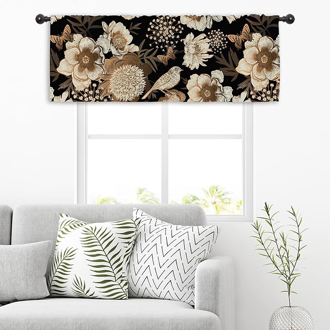 Miyotaa Black Flower Kitchen Curtain Valance 54W x 18H Rod Pocket Vintage Bird Butterfly Botanical Retro Plant Blossom Window Treatment for Living Room Bedroom Bathroom