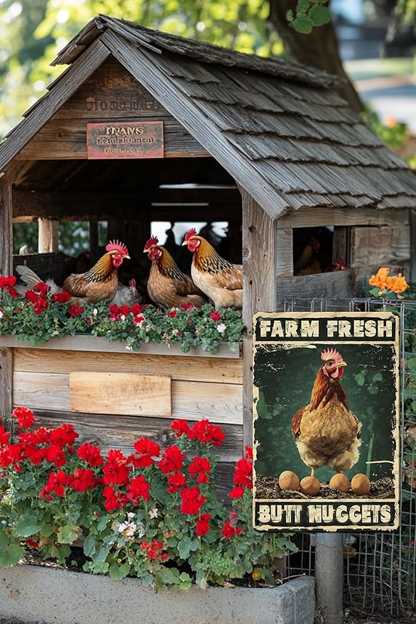 Rustic Vintage Chicken Farm Metal Sign Chicken Coop Farm Fresh Butt Nuggets Metal Poster Home Garden Farmhouse Restaurant Garage Cafe Aluminium Sign Art Wall Decor 16x12 Inch