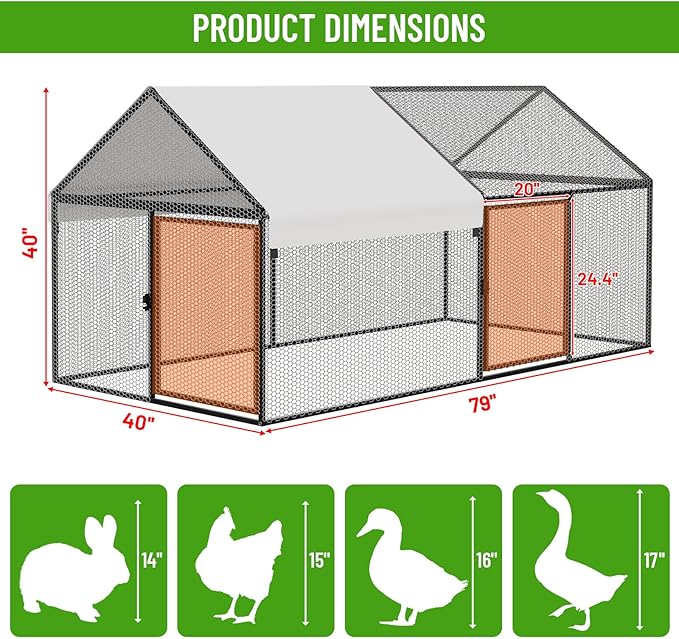 Metal Chicken Coop 79"×40"×40" Chicken Run with Waterproof Cover Portable Poultry Cage Walk in Hen House Outdoor Backyard Farm Animal Enclosure Crate Pet Playpen Exercise Pen for Rabbit Duck